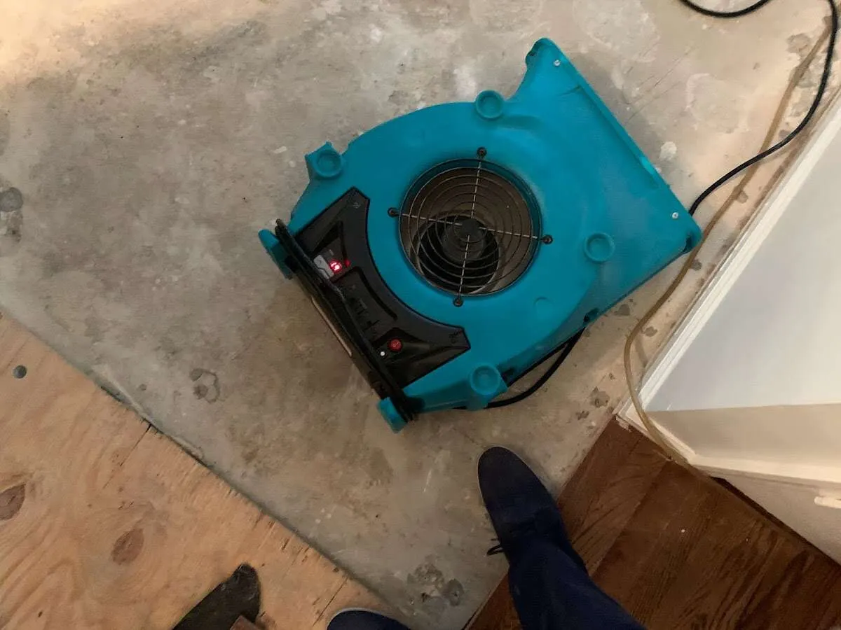 Air mover drying subfloor during Leak Detection & Repair in Lake San Marcos